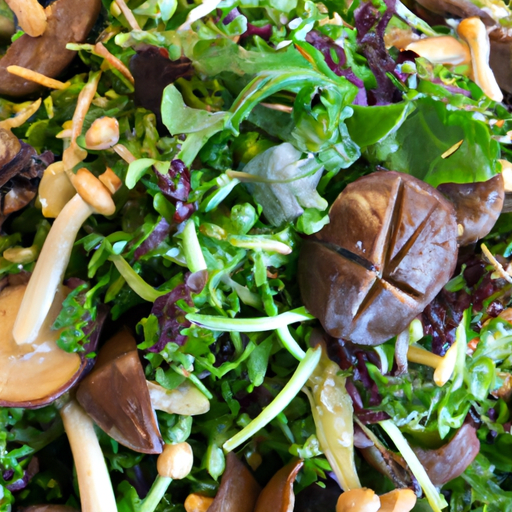 An enticing image capturing the vibrant colors and textures of a kale, shiitake, and alfalfa salad