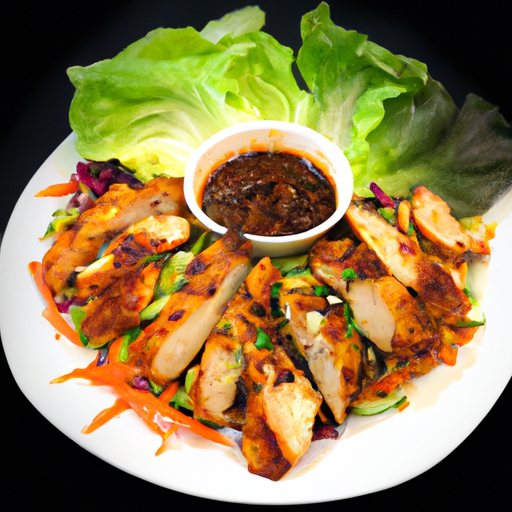 An image that captures the vibrant essence of Korean Chicken Lettuce Wraps: succulent grilled chicken pieces, nestled in crisp lettuce leaves, topped with colorful shredded vegetables, and drizzled with spicy gochujang sauce