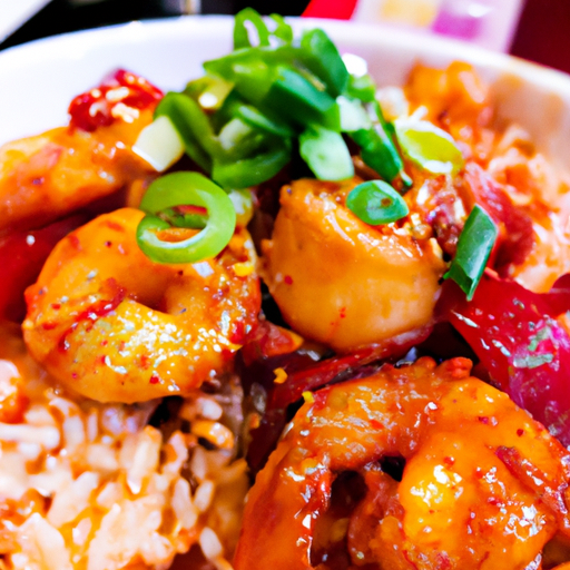 an enticing close-up shot of a sizzling Korean Shrimp BBQ Bowl