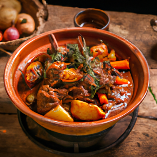 An image showcasing a rustic iron pot simmering over a crackling fire, filled to the brim with succulent chunks of tender, slow-cooked lamb, vibrant carrots, earthy potatoes, and fragrant herbs, evoking the comforting essence of a hearty lamb stew