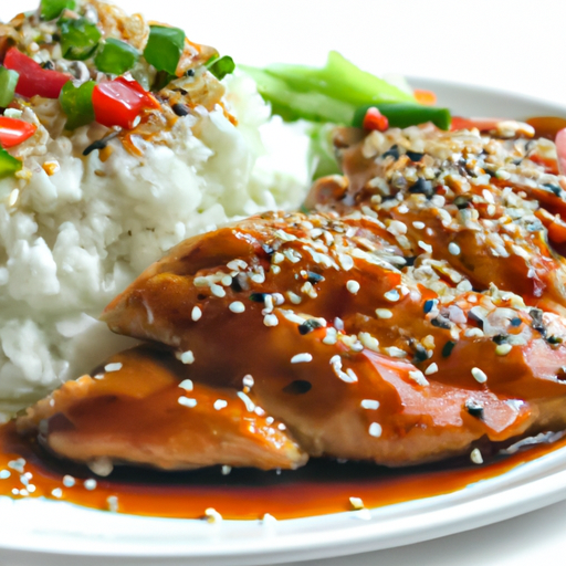 an appetizing image of a sizzling grilled lemon-infused chicken breast, perfectly glazed with glossy teriyaki sauce