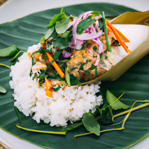 An image of a steaming papillote filled with succulent lemongrass-infused cilantro mojo, enveloping vibrant vegetables and tender protein, nestled on a bed of fragrant jasmine rice