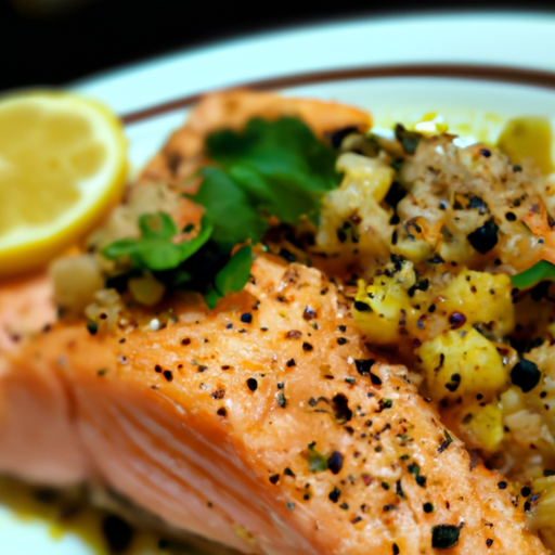 a close-up shot of perfectly seared, golden-brown salmon fillets glistening with a zesty lemon glaze