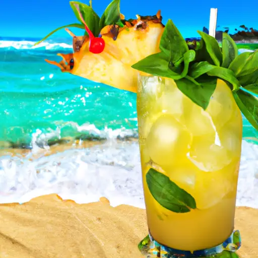 An image showcasing a frosty Mai Tai cocktail adorned with a vibrant pineapple wedge and a fresh mint sprig, all set against a backdrop of a sandy beach with turquoise waves gently rolling ashore