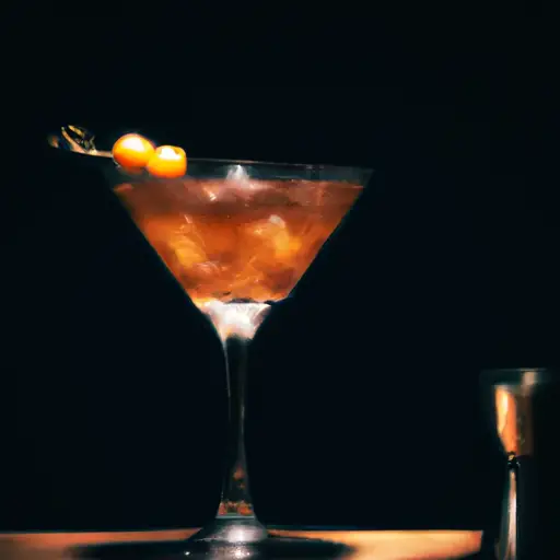 An image capturing the essence of a Manhattan cocktail: a classic, stemmed glass filled with a rich, amber liquid, garnished with a perfectly twisted orange peel, and adorned with a single, elegant maraschino cherry
