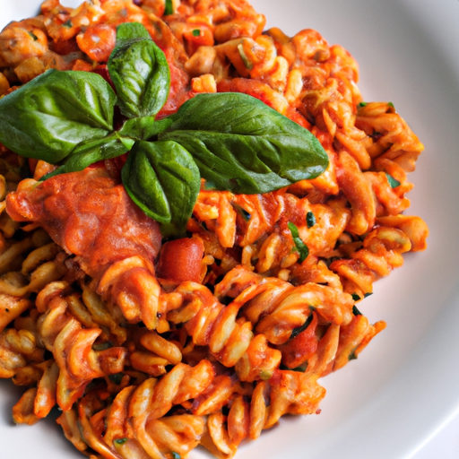 An image showcasing a vibrant plate with perfectly cooked rotini pasta coated in a rich, velvety marinara sauce