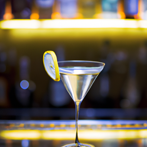 A captivating image of a crystal-clear Martini Bianco cocktail, elegantly garnished with a vibrant lemon twist, resting on a sleek, polished bar top, against a backdrop of shimmering martini glasses and a bustling cocktail bar