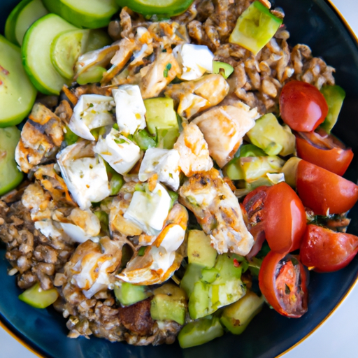 An image that showcases a vibrant, colorful Mediterranean Chicken and Barley Salad