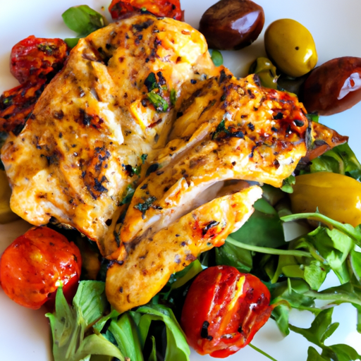 An image showcasing a vibrant plate filled with tender grilled Mediterranean chicken, adorned with a colorful array of sun-kissed cherry tomatoes, tangy olives, fragrant herbs, and a drizzle of golden olive oil