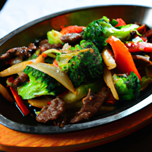 An image of a sizzling Mongolian beef stir-fry, showcasing tender strips of marinated beef, vibrant bell peppers, crunchy broccoli florets, and scallions, all glistening in a glossy sauce, emanating mouthwatering aromas