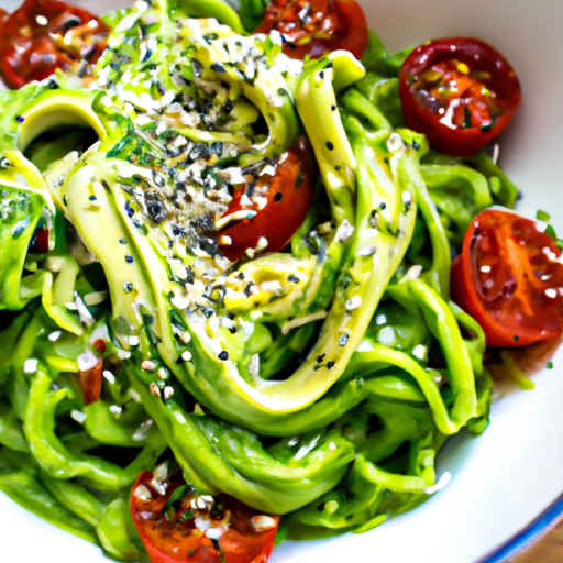 An image that showcases a vibrant bowl filled with spiralized zucchini noodles coated in a rich, green wakame pesto