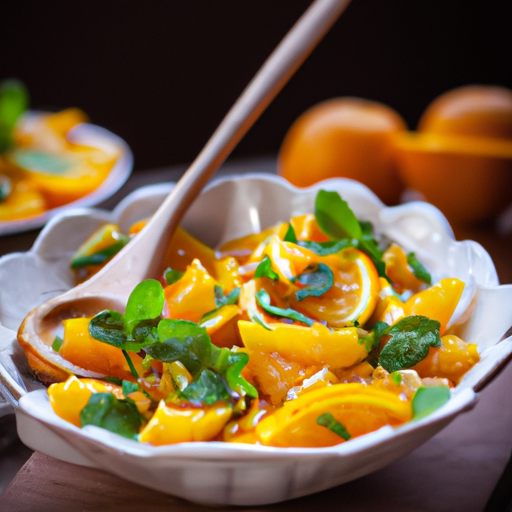 An image depicting a vibrant bowl of orange salad bursting with juicy slices of citrus fruits, adorned with fresh green mint leaves, and sprinkled with a delicate drizzle of tangy dressing