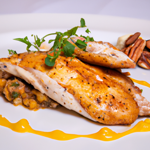 a tantalizing plate adorned with golden-brown chicken breasts, encrusted in a crunchy pecan crust