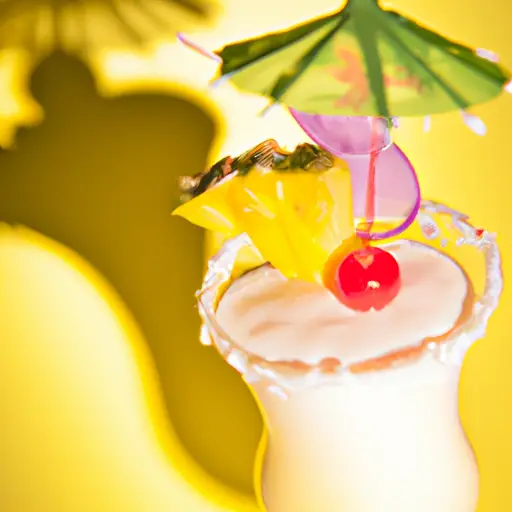 A vibrant image of a frosted glass filled with a creamy, golden Pina Colada cocktail