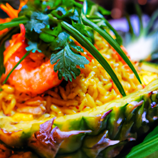 Nt tropical scene unfolds, showcasing a tantalizing plate of steaming pineapple rice, adorned with succulent Thai fried prawns