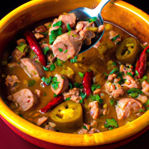 An image that showcases a steaming bowl of Poblano Turkey Sausage Chili, bursting with vibrant colors