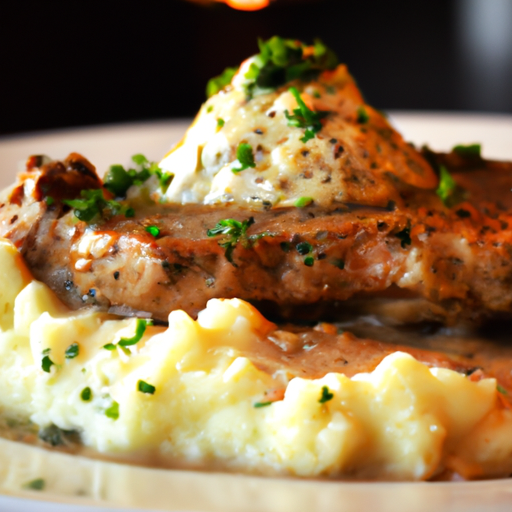 Uous image showcasing a golden-brown, perfectly seared pork chop smothered in creamy country gravy, served alongside a generous mound of velvety mashed potatoes, adorned with a sprinkle of fresh herbs