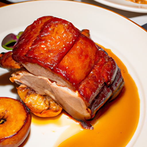 An image of a succulent pork roast, glistening with a golden-brown crust, nestled on a bed of caramelized apples