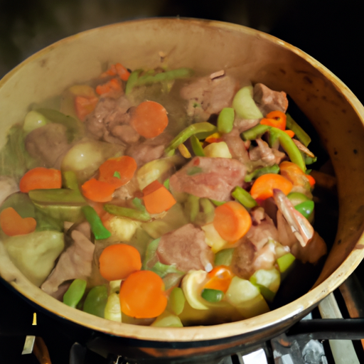 An image of a rustic, cast-iron pot simmering over a crackling fire, filled with tender chunks of beef, colorful vegetables like carrots and onions, and aromatic herbs, infusing the air with an irresistible Provençal aroma