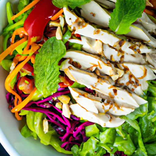 the essence of an Asian-style pulled chicken salad - a vibrant medley of tender pulled chicken, crisp greens, and colorful shredded vegetables