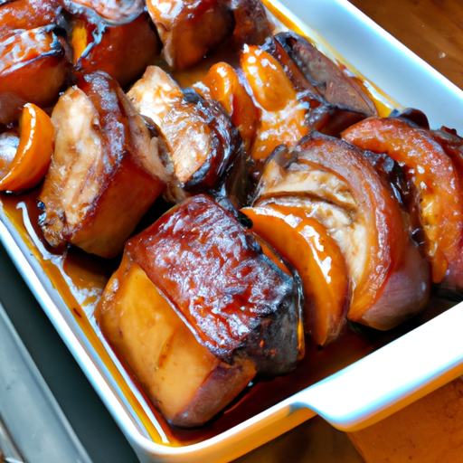 a mouthwatering moment of succulent pulled pork generously coated with a glossy, caramelized bourbon-peach sauce