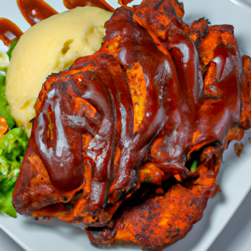 An image capturing the sizzling BBQ chicken thighs, perfectly caramelized with a smoky glaze, alongside a creamy mound of mashed potatoes topped with a pat of melting butter