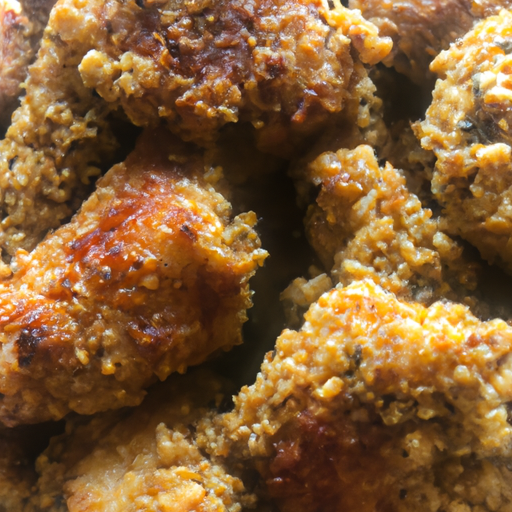 -up shot captures golden nuggets of chicken, each coated in a crispy, quinoa crust