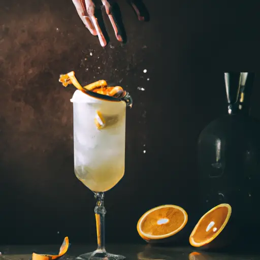 An image capturing the essence of a refreshing Ramos Fizz cocktail: a tall, frothy glass adorned with a delicate orange twist, surrounded by crushed ice, with hints of aromatic gin and zesty lemon dancing in the air
