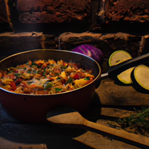 An image that captures the vibrant colors and layered textures of a rustic, French kitchen