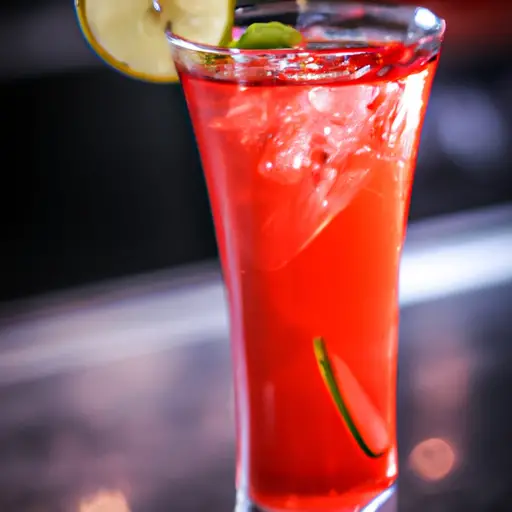 an enticing image of a tall glass adorned with a vibrant red cocktail, garnished with a slice of zesty lemon and a sprinkle of fresh herbs, inviting readers to explore the delectable world of a Red Snapper Cocktail Recipe
