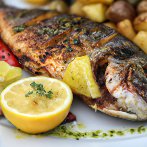 An image that showcases a golden, perfectly grilled whole fish, adorned with a medley of vibrant vegetables, aromatic rosemary sprigs, and a drizzle of lemon-infused olive oil, epitomizing the irresistible flavors of Greek-style roasted fish