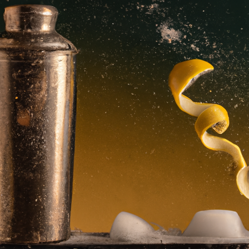 An image showcasing a vintage cocktail shaker filled with crushed ice, as a rusty nail cocktail pours out