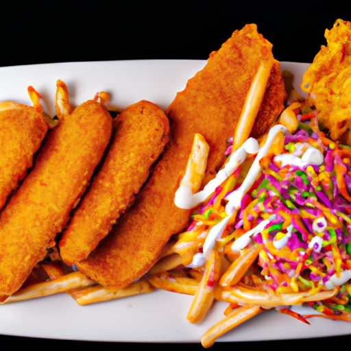 An image showcasing golden, crispy fish sticks coated in savory breadcrumbs, served alongside a mountain of crispy, golden-brown potato chips and a vibrant slaw bursting with colorful shredded vegetables