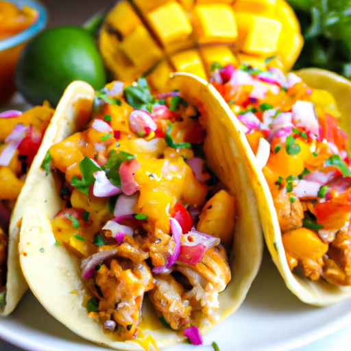 the vibrant essence of shredded chicken tacos with mango salsa as colors collide on a plate