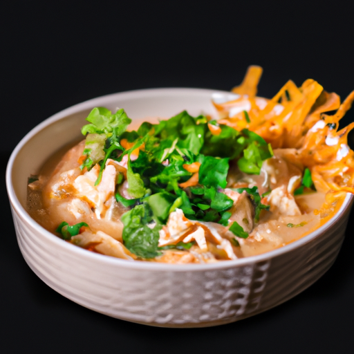 An image that captures the vibrant colors and textures of a steaming bowl of Shredded Chicken Tortilla Soup, adorned with golden tortilla strips, tender shredded chicken, diced tomatoes, and fresh cilantro