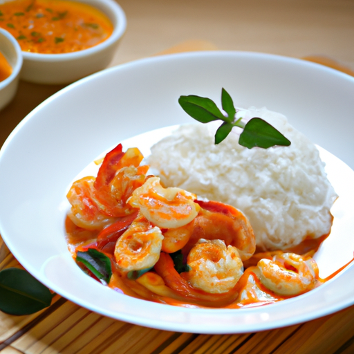 An image that showcases a vibrant, aromatic bowl of Shrimp Coconut Curry, with succulent shrimp immersed in a creamy, golden coconut sauce infused with aromatic spices, garnished with vibrant herbs and served alongside fluffy steamed jasmine rice