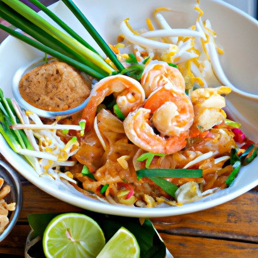 An image showcasing a vibrant bowl of Shrimp Pad Thai, with thin rice noodles tossed in a tangy tamarind sauce, garnished with succulent shrimp, crushed peanuts, sprigs of fresh cilantro, and a squeeze of lime