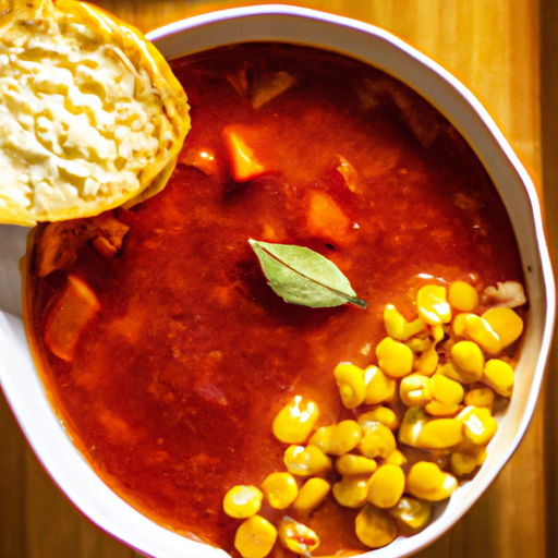 the essence of silky tomato basil soup with fresh corn in a vibrant image: a velvety, deep-red soup gently swirling in a bowl, adorned with a sprinkle of diced bright yellow corn kernels and a delicate basil leaf