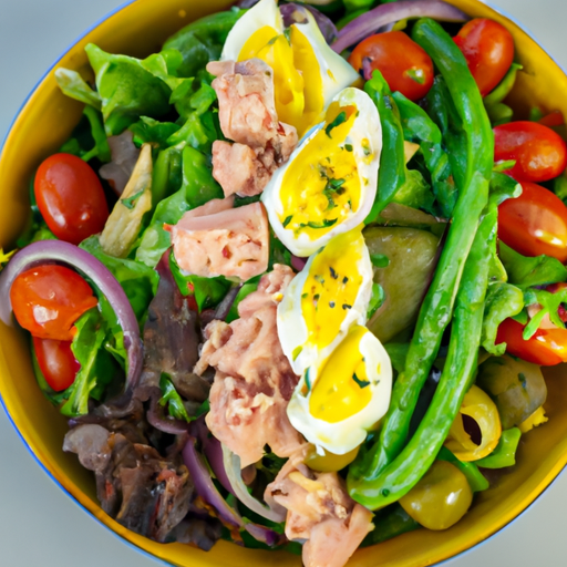 An image showcasing a vibrant bowl filled with fresh, crisp greens, perfectly boiled eggs, plump cherry tomatoes, tender green beans, briny olives, and flaky seared tuna, all drizzled with a tangy Dijon vinaigrette