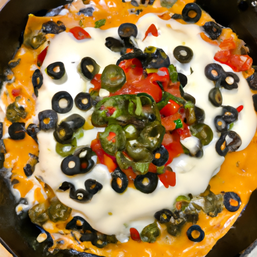 An image of a sizzling cast-iron skillet overflowing with creamy cheese, topped with vibrant layers of jalapenos, diced tomatoes, and black beans