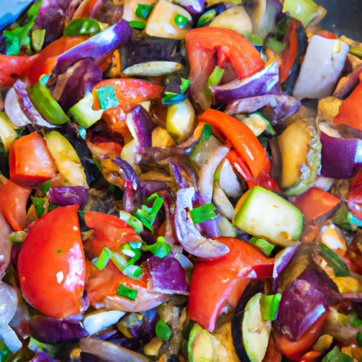 Nt skillet filled with a medley of colorful vegetables - glossy eggplants, juicy tomatoes, zucchini ribbons, bell peppers, and tender onions - sizzling in a fragrant blend of herbs and olive oil