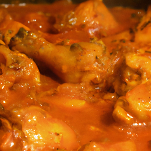 Lizing image of tender chicken chunks simmering in a rich, creamy tomato sauce infused with aromatic spices like cumin, turmeric, and coriander