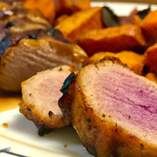 the essence of a mouthwatering meal: a beautifully seared, smoky pork tenderloin, perfectly complemented by the vibrant hues of caramelized roasted sweet potatoes