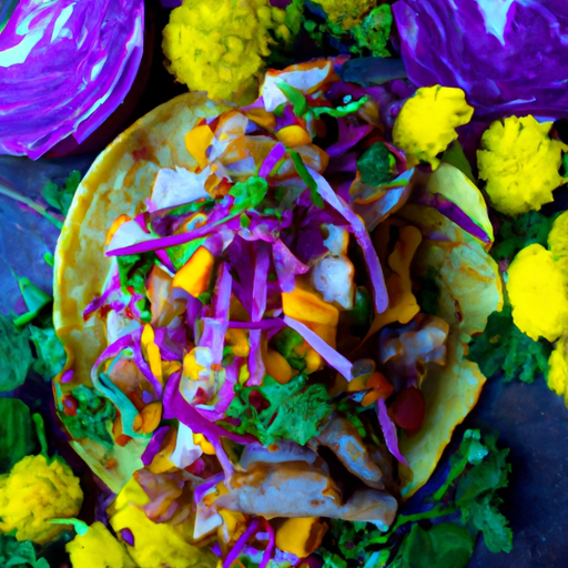 An image showcasing the vibrant colors of Spiced Pork and Mango Tacos: a golden tortilla cradling succulent, spice-rubbed pork, juicy mango slices, and a vibrant medley of green cilantro, red onions, and purple cabbage