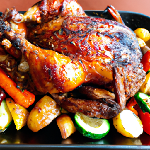 An image capturing the succulent allure of Spiced Roasted Chicken: a golden, perfectly browned whole chicken, glistening with aromatic spices, surrounded by a medley of vibrant roasted vegetables, exuding tantalizing flavors and inviting sizzling juiciness