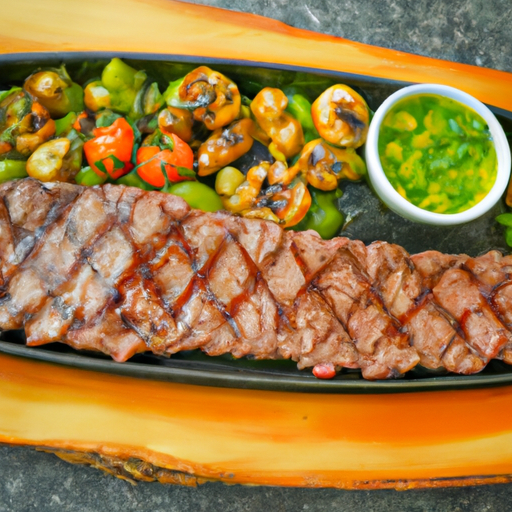 An image capturing a sizzling steak, perfectly charred with grill marks, adorned with vibrant, grilled vegetables, and drizzled with a vibrant, zesty chimichurri sauce