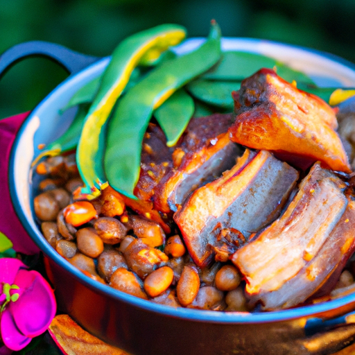 An image that captures the essence of summery pork and beans: a vibrant plate adorned with succulent grilled pork, glistening with a tangy glaze, paired with a medley of colorful, tender beans, all bathed in golden sunshine