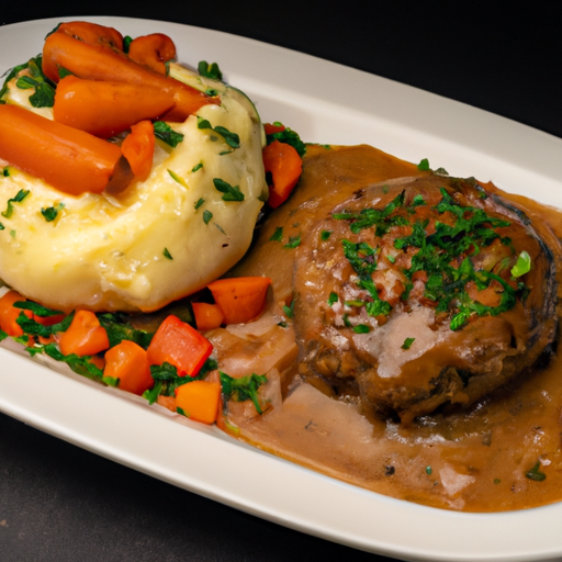 An image showcasing a sizzling, golden-brown Salisbury steak, glistening with savory juices