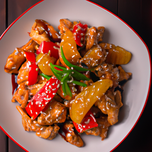 An image capturing the essence of sweet and sour chicken: succulent chunks of golden-brown chicken, glistening with a sticky glaze of vibrant red sauce, adorned with vibrant chunks of pineapple, bell peppers, and topped with a sprinkle of sesame seeds