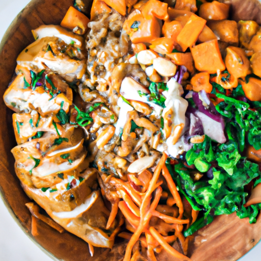 An image of a vibrant bowl filled with tender grilled chicken, nutty farro, and a colorful medley of roasted vegetables